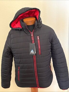 Aspire Black Puffer Jacket with Red Trim